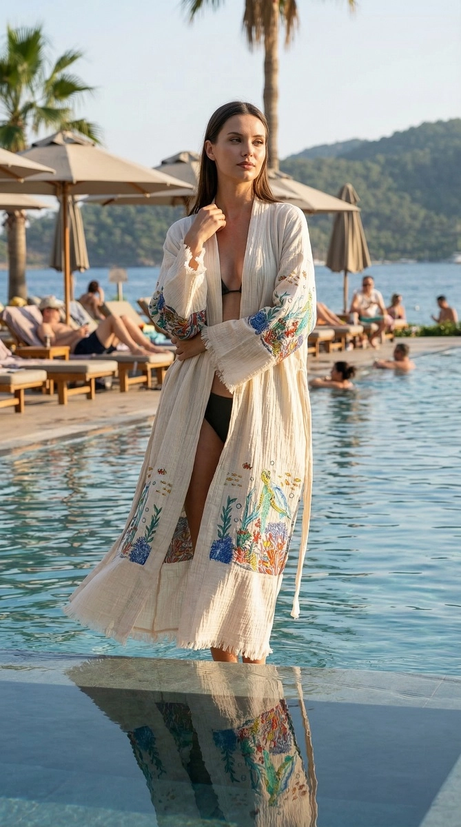 Baskılı müslin kaftan caretta desen