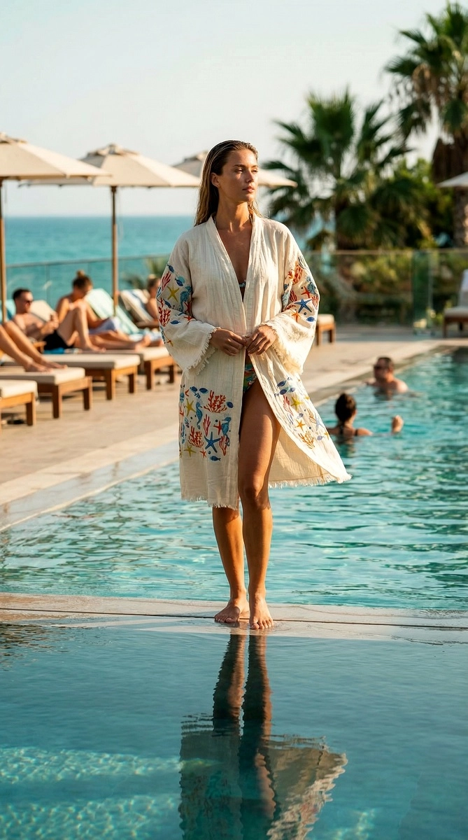 Baskılı müslin kaftan denizatı desen