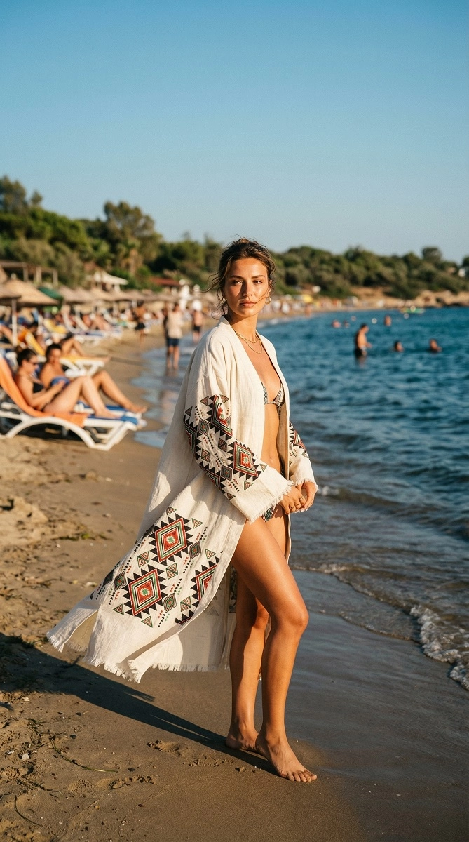 Baskılı müslin kaftan kilim desen