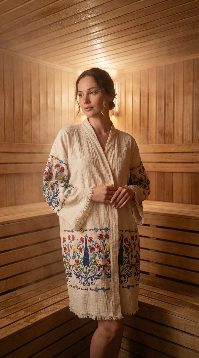 Baskılı müslin kaftan lale desen