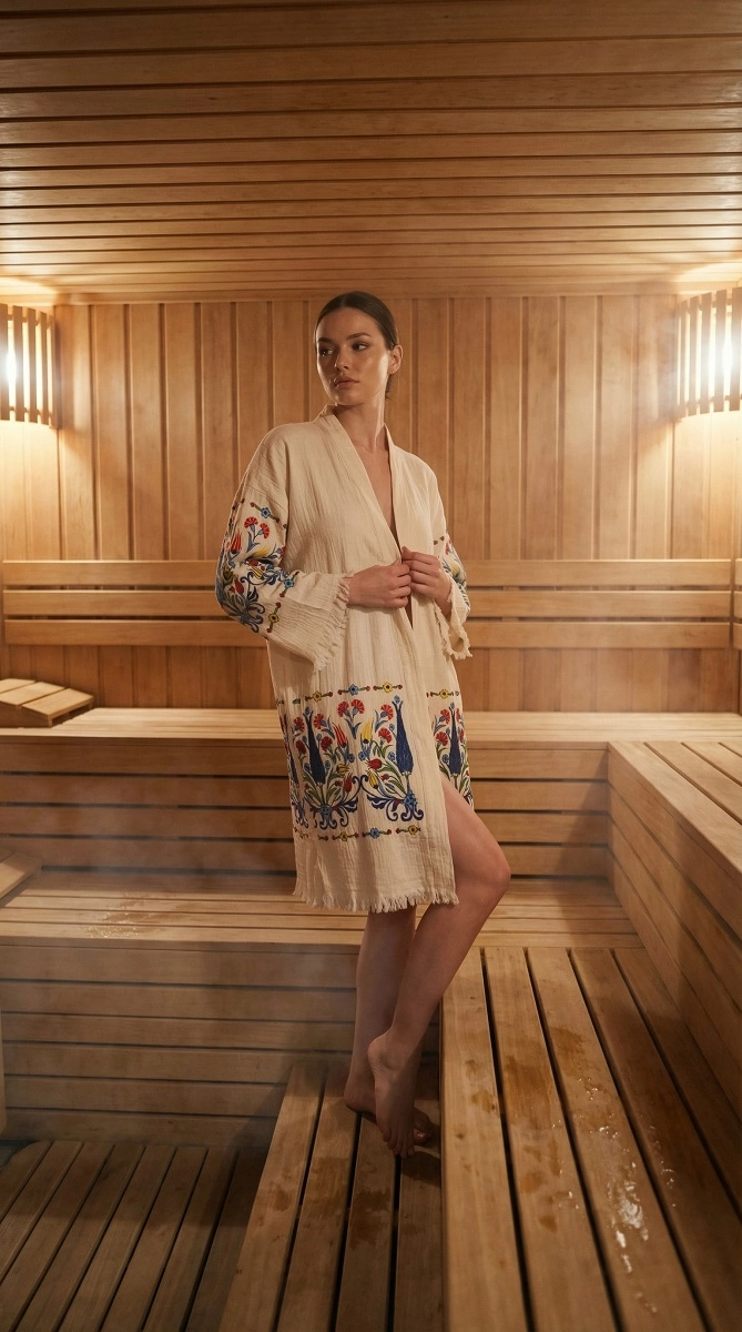 Baskılı müslin kaftan lale desen