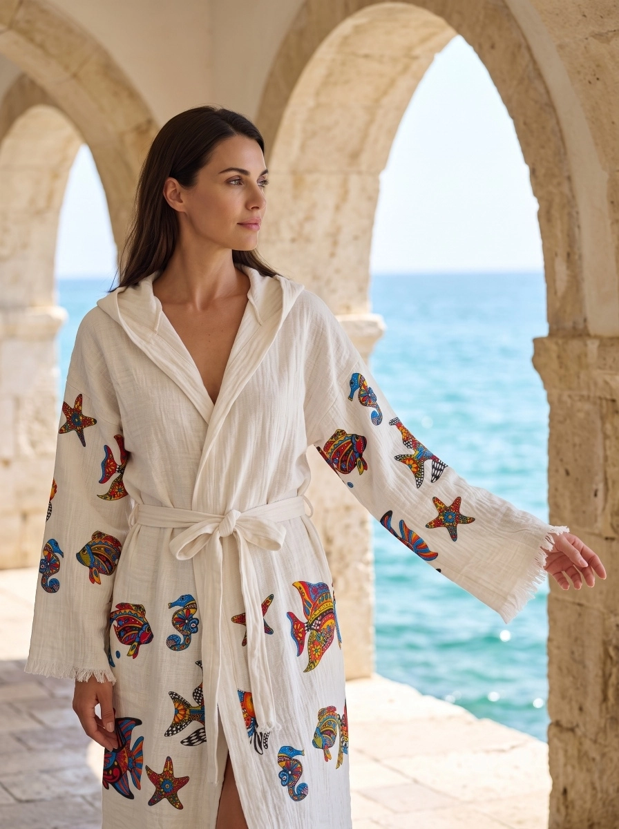 Baskılı müslin kaftan nemo balık
