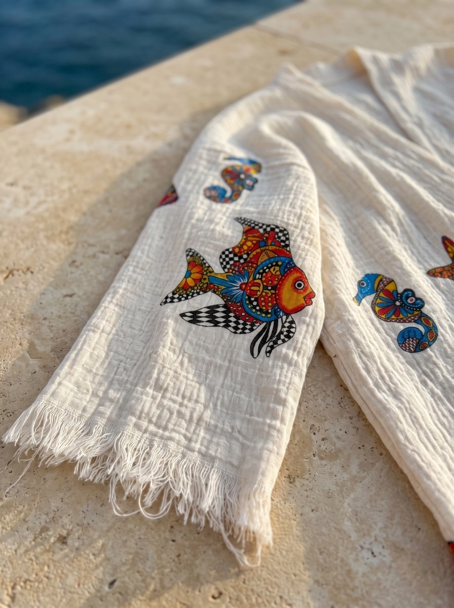 Baskılı müslin kaftan nemo balık