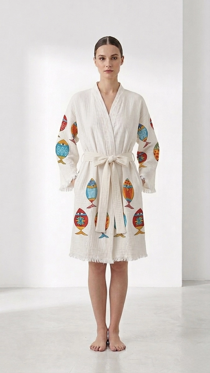 Baskılı müslin kaftan balıklar
