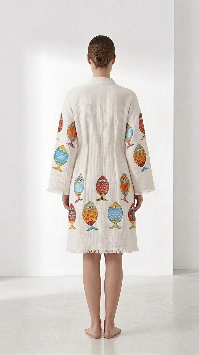Baskılı müslin kaftan balıklar