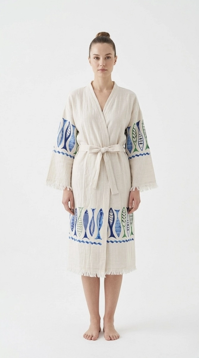 Baskılı müslin kaftan mavi balık