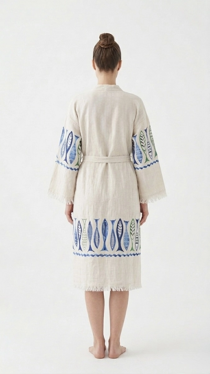 Baskılı müslin kaftan mavi balık