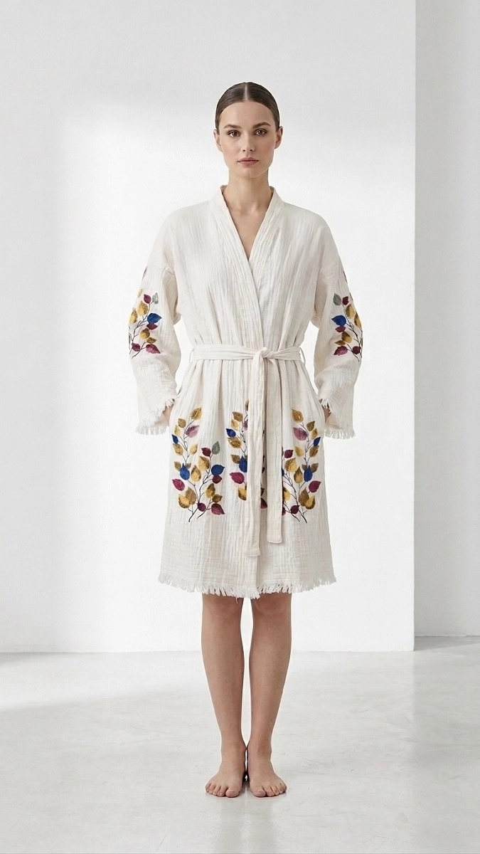 Baskılı müslin kaftan yaprak