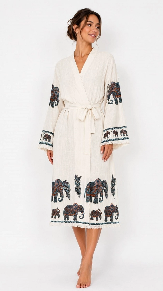 Baskılı müslin kaftan fil desen