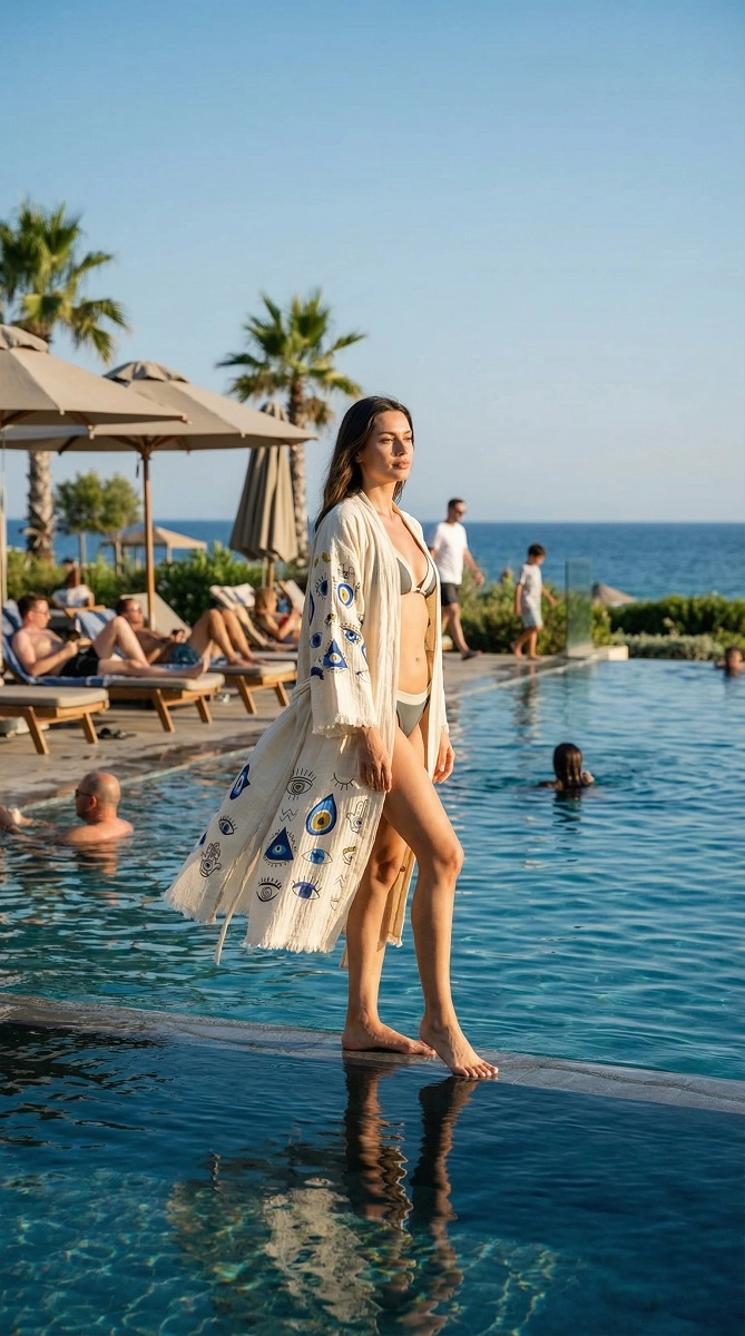 Baskılı müslin kaftan nazar desen