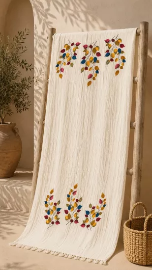 Müslin Serigrafik Baskılı Peştemal Yaprak Desen