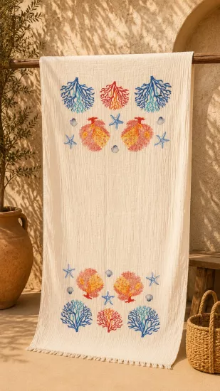Müslin Serigrafik Baskılı Peştemal Mercan Desen