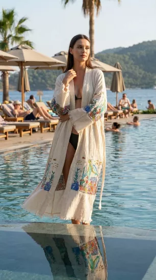 Çift katlı baskılı müslin kaftan caretta desen