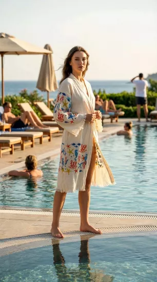 Çift katlı baskılı müslin kaftan denizatı desen