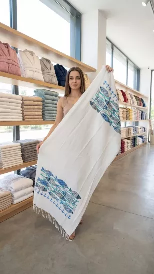 Flores Baskılı Peştemal Mavi Balık