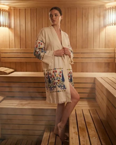 Çift katlı baskılı müslin kaftan lale desen