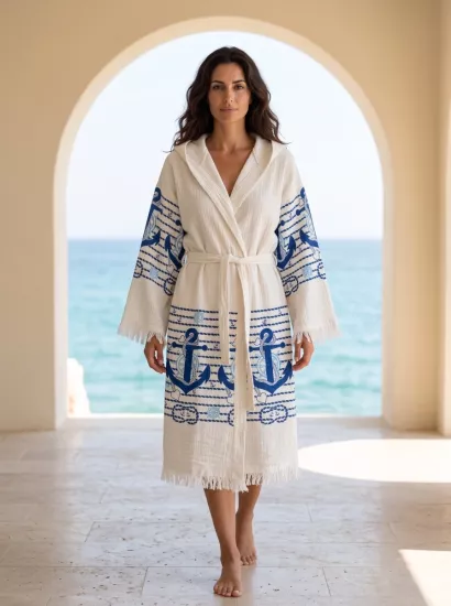Çift katlı baskılı müslin kaftan çapa desen