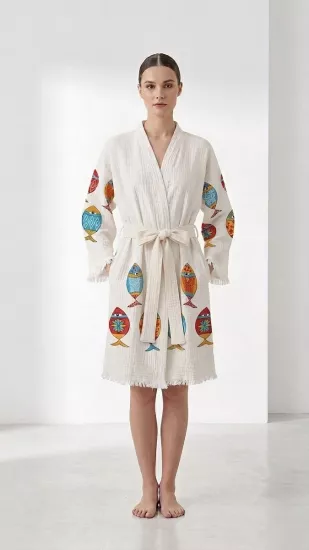 Çift katlı baskılı müslin kaftan balıklar