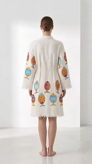 Çift katlı baskılı müslin kaftan balıklar
