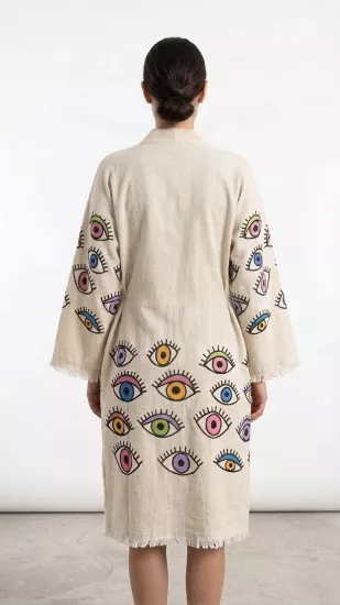Çift katlı baskılı müslin kaftan gözler