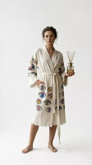 Çift katlı baskılı müslin kaftan gözler