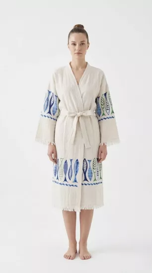 Çift katlı baskılı müslin kaftan mavi balık