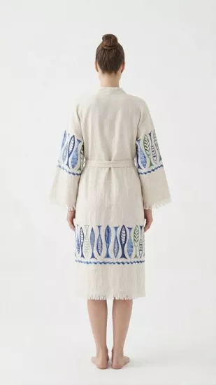 Çift katlı baskılı müslin kaftan mavi balık
