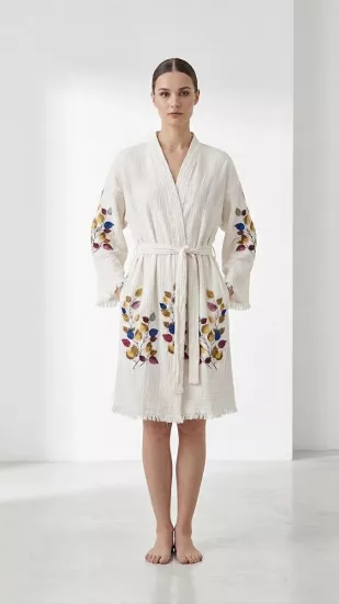 Çift katlı baskılı müslin kaftan yaprak