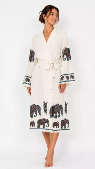 Çift katlı baskılı müslin kaftan fil desen