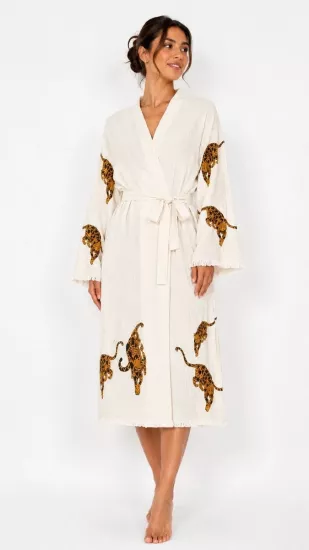 Çift katlı baskılı müslin kaftan  kaplan
