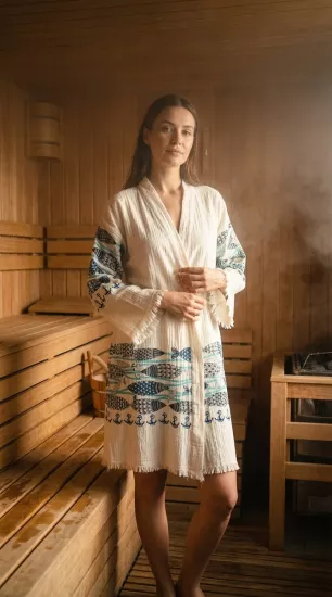 Çift katlı baskılı müslin kaftan turkuaz balık