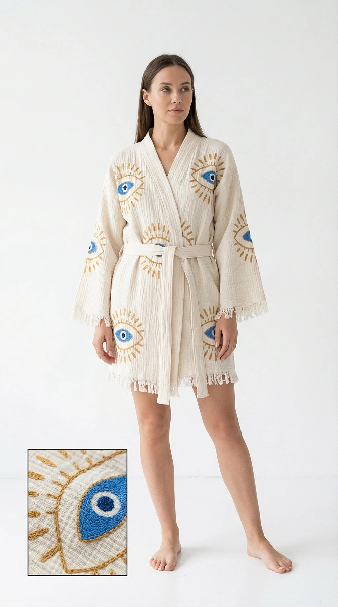 Taş Baskı Kısa Kaftan Safir 