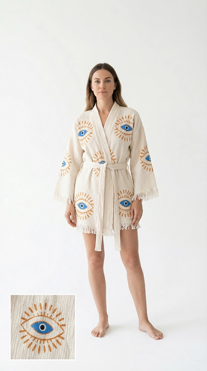 Taş Baskı Kısa Kaftan Safir 