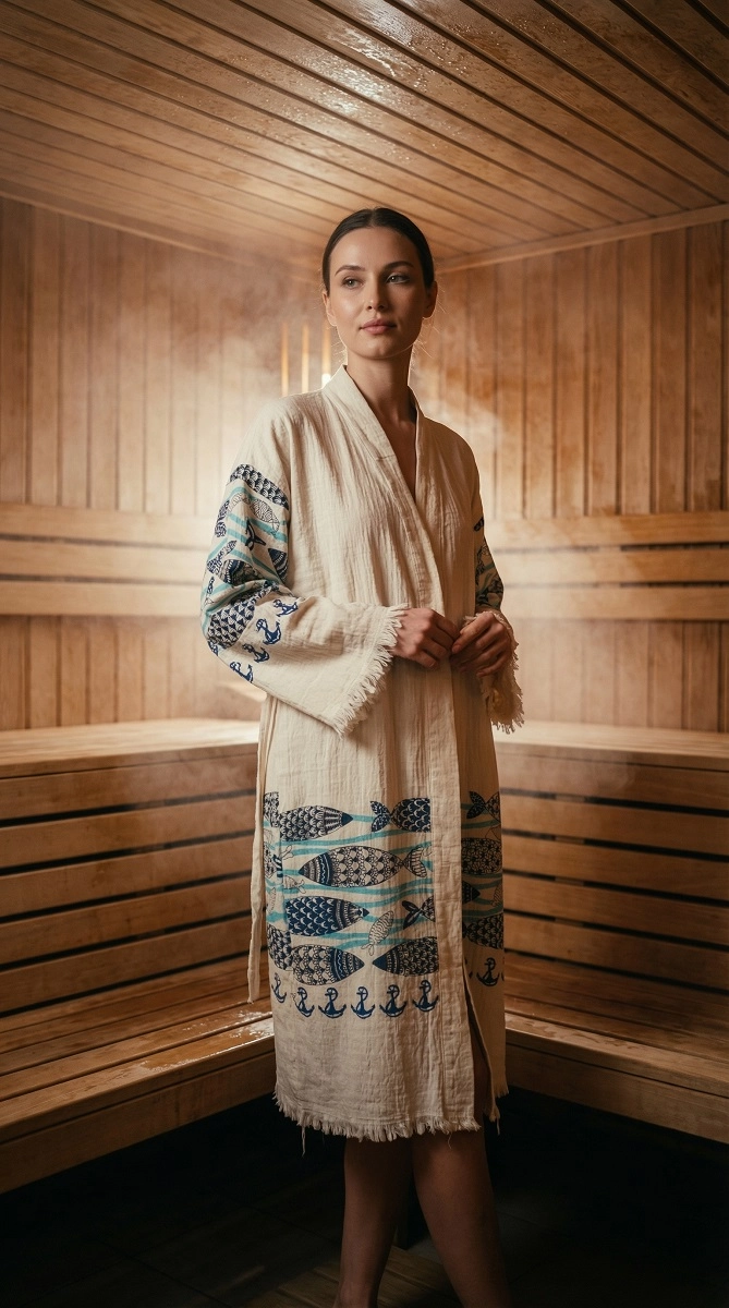 Baskılı müslin kaftan turkuaz balık