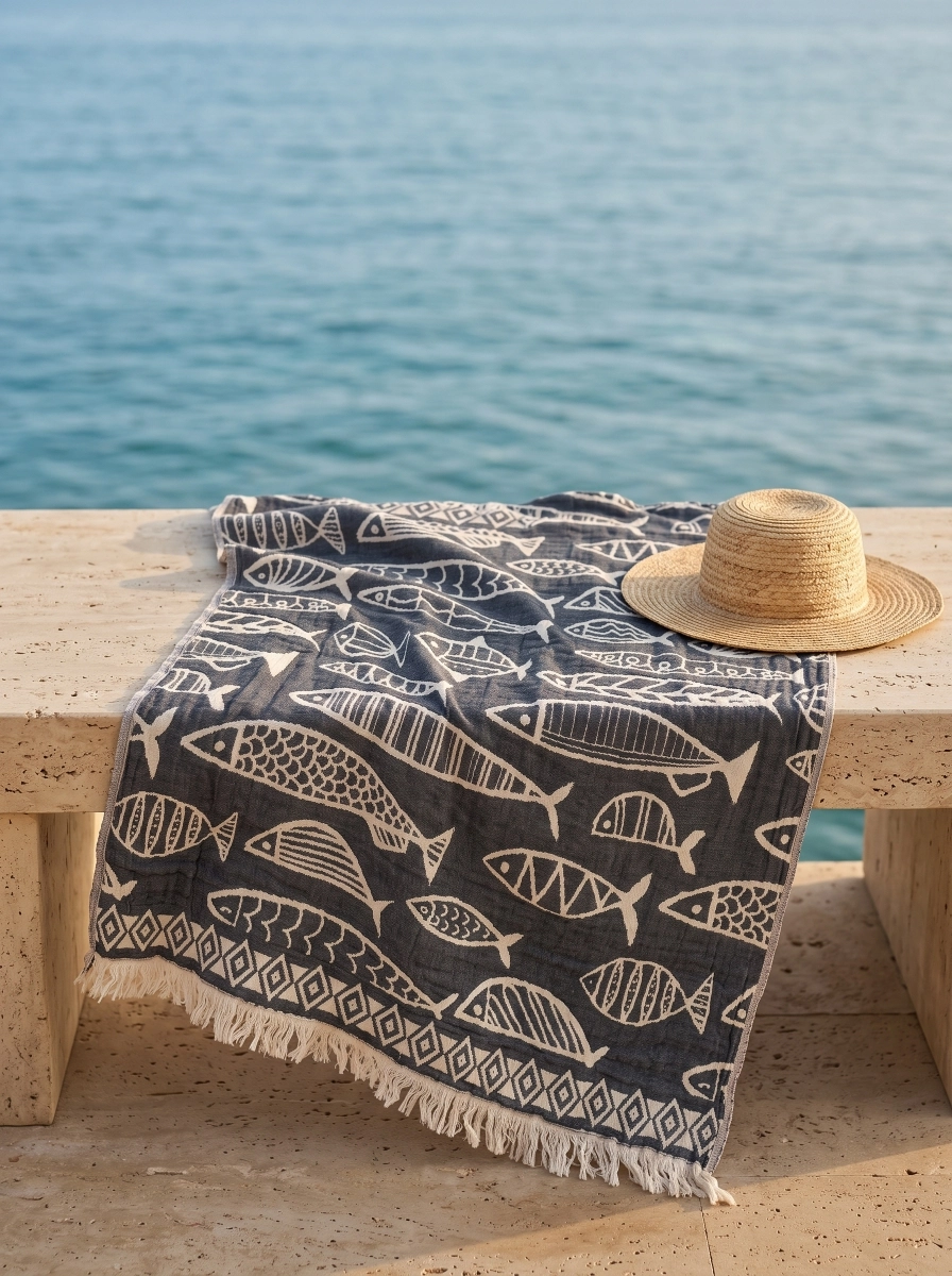 Üç Katlı Müslin Peştemal Antrasit Balık